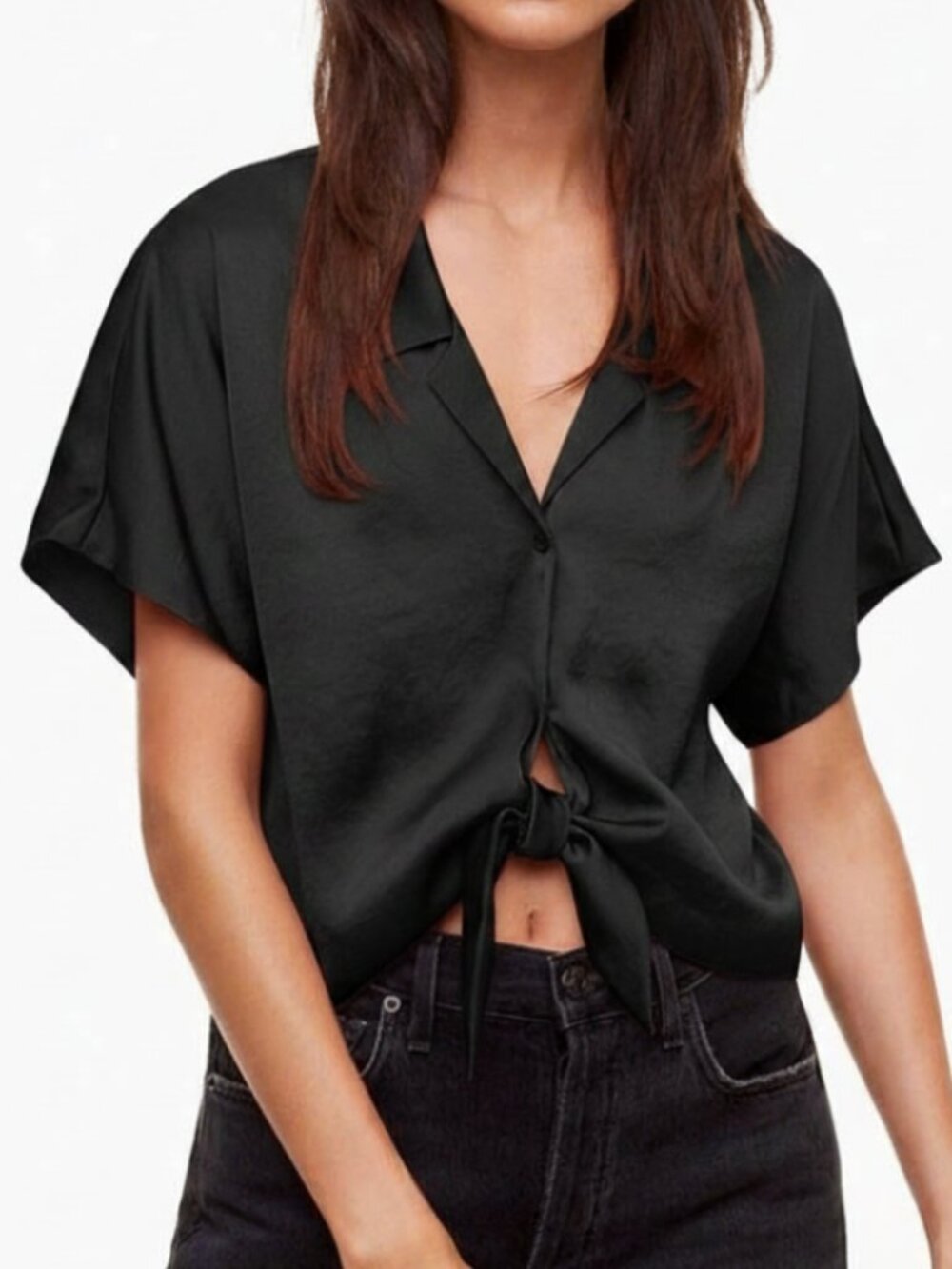 Wilfred Free (Aritzia) | Satin Tie Front Cropped Blouse | Black | XS